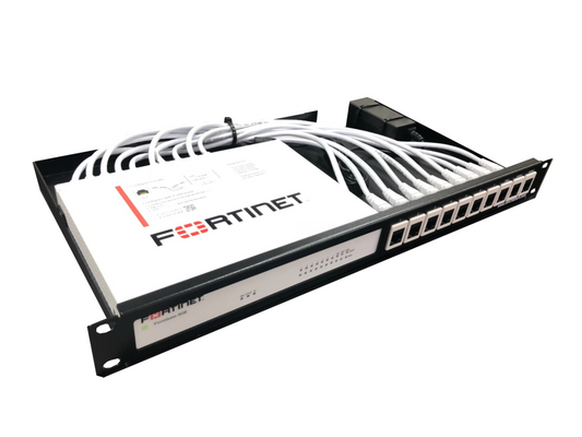 Fortinet network switch with cables on a white background