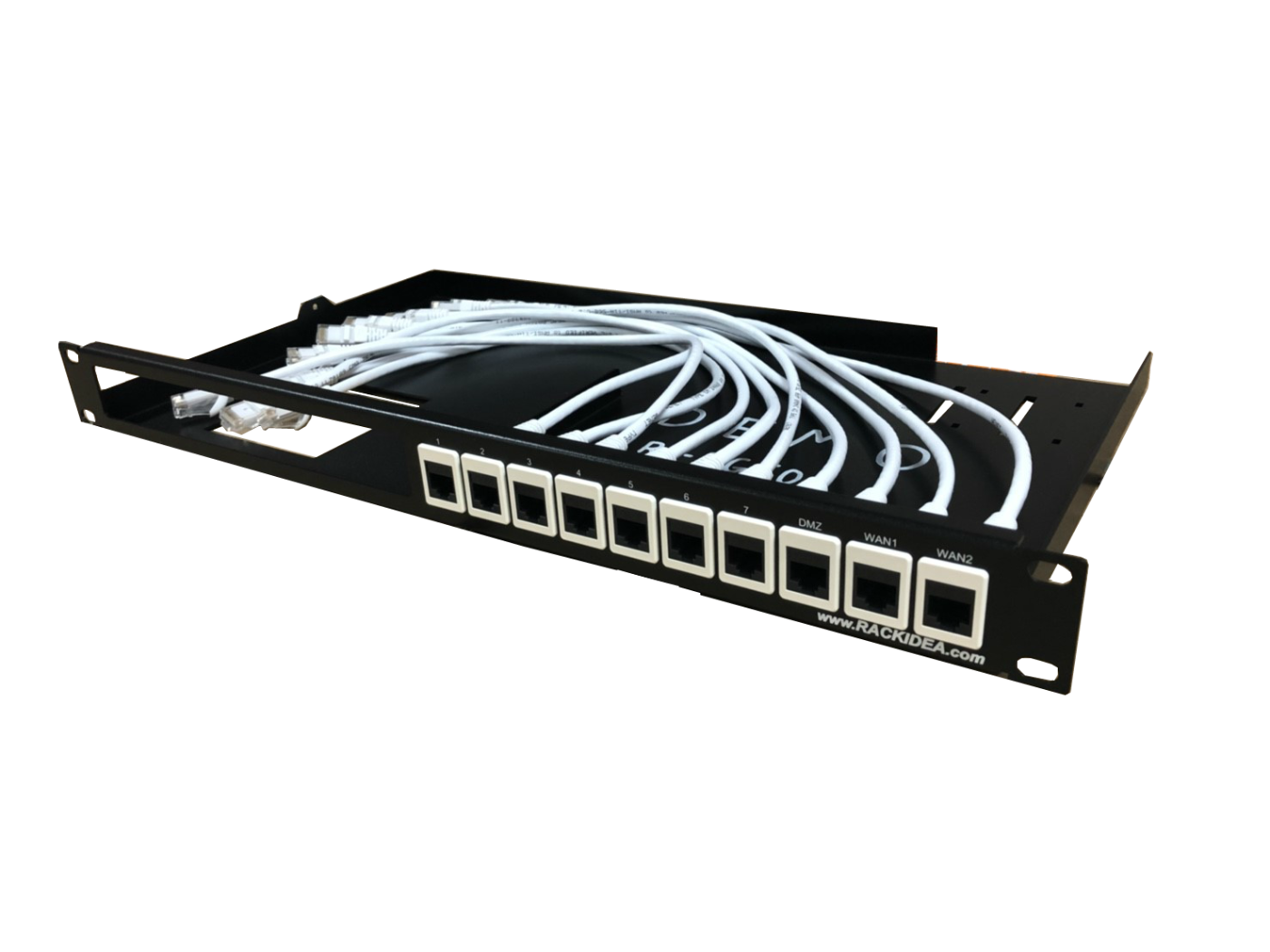 Network patch panel with cables on a white background